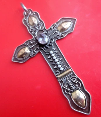 Attraente PENDENTE A Croce In Argento Sterling, Oro E Ametista - Immagine 1 di 4