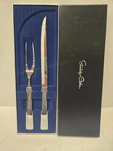 Forchetta e coltello da intaglio vintage classico Strawbridge & Clothier nero e argento in scatola - Foto 1 di 19
