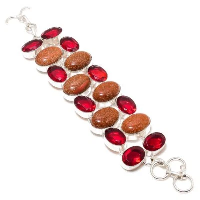 Red Sunstone, Garnet Gemstone 925 Sterling Silver Bracelet 7-8" R920 - Image 1 of 4