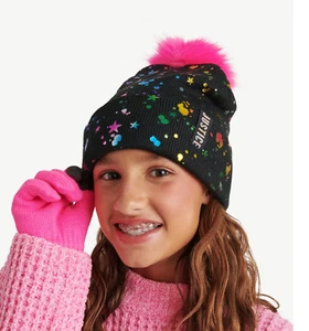 Justice Girls Splatter Foil Print Beanie and Gloves 2-Piece Set, Black Rainbow - Picture 1 of 5