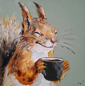 Oil Painting of Squirrel Enjoying a Cup of Coffee, Wildlife Original Painting - Picture 1 of 8