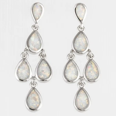 Multi Teardrop White Fire Opal Silver Jewelry Drop Pierced Earrings - Image 1 of 4