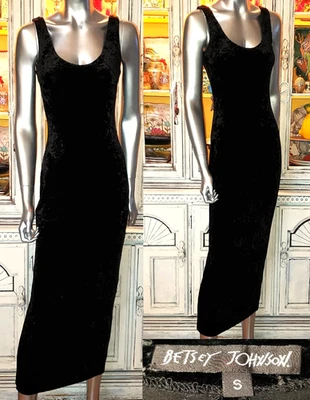 Vintage Betsey Johnson 90s Black Stretch Crushed Velvet Long Midi Slip Dress S - Image 1 of 4