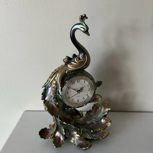 Beautiful Stand Up Jeweled Glittered Peacock Quartz Clock 13.5" tall - Picture 1 of 24