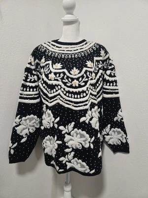 Suéter De Colección Años 80 Kitty Hawk Vivian Wang Para Mujer Negro Blanco Grueso Tejido Borde Perla Foto 1 de 4