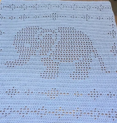 Handmade Baby Afghan Nursery Blanket Crochet Elephant Filet 42 x 44 Periwinkle  - Image 1 of 4