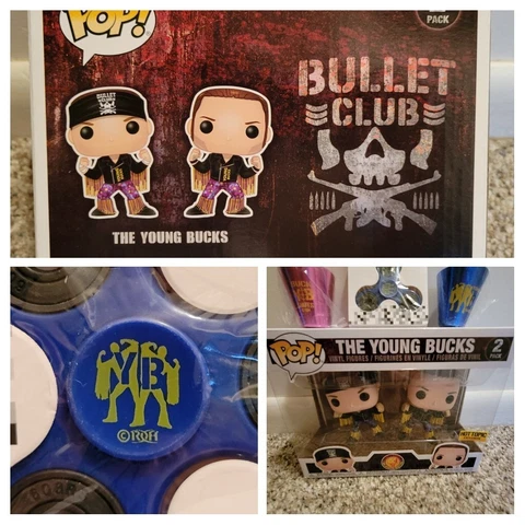 AEW/NJPW Young Bucks Pop! (Matt/Nick Jackson) fidget spinner, shot glasses ROH Cover