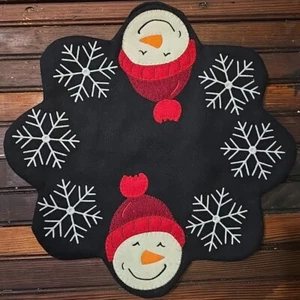 Primitive Wool Felt Winter Snowman Table Mat Centerpiece  Snowflakes Black Red - Picture 1 of 2