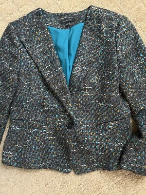Ann Taylor Teal/gold /white/black Speckled Grey Tweed  Blend Blazer Size 4 - Image 1 of 4