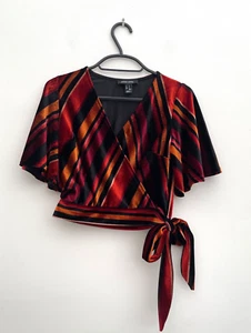 NEW LOOK Crop Top Women's Size 6 Striped Side Tie Velour Stretch Wrap Front - Picture 1 of 7