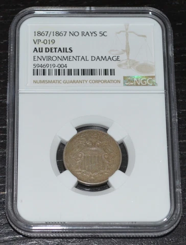 1867/1867 5C Shield Nickel No Rays  VP-019 Graded by NGC as AU Details Cover