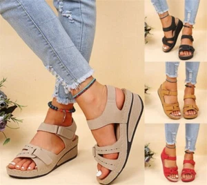 Ladies Womens Mid Wedge Heel Slip On Summer Walking Sandals Mules Shoes Size New - Picture 1 of 24