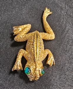 Vintage 70er Monet Frosch Brosche grüne Glasaugen goldfarben strukturiert 2" - Qualität - Bild 1 von 4