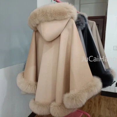 Abrigo cárdigan con capucha y capa de lana para mujer con ribete de piel de zorro alrededor de chales Foto 1 de 4