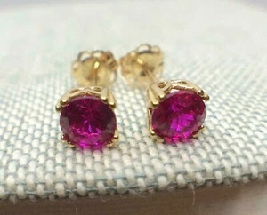 2Ct Round Lab Created Pink Ruby Women's Stud Earrings 14K Yellow Gold Plated. - Picture 1 of 6