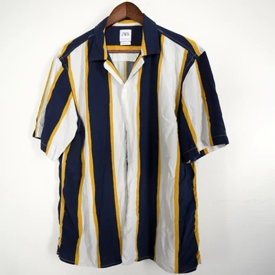 Zara Men’s XL Blue/Yellow /White Striped Button Up Collared Short Sleeve Shirt - Image 1 of 4