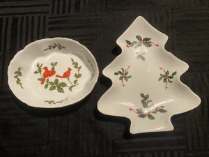 Vintage Lefton China Japan Christmas candy dishes tree cardinals holly leaves - Picture 1 of 9