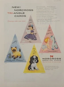 Tarjetas de felicitación del triángulo Norcross 1957 anuncio impreso vintage gatito cachorro niña jirafa - Imagen 1 de 3
