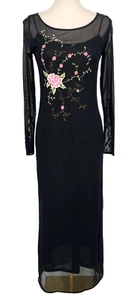 Vintage womens size M Fairy Maxi Floral Embroidered Mesh dress long sleeve black - Picture 1 of 10