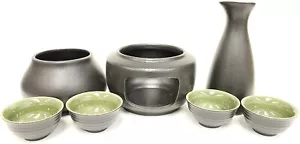Traditionelles japanisches Sake Wein Set schwarz Keramik klassisches Design mit Stövchen 7 Stück - Bild 1 von 6