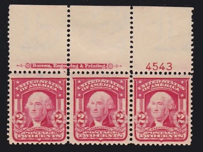 US 319Fi 2c Washington Mint Top Plate # Strip of 3 OG NH w/ PSAG Cert SCV $525+ - Image 1 of 3