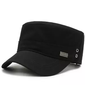 Black - Army, Military Flat Cadet Top Hat, Cotton Military Washed Adjustable Cap - Picture 1 of 5