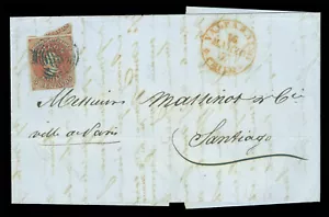 CHILE 1855 COLUMBUS - London print - 5c brown red Sc# 8 VF cvr VALP. to Santiago - Picture 1 of 2