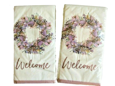 Welcome Purple Wreath Paper Napkins Guest Towels 20 ct 2 pk Buffet Bathroom - Image 1 of 4