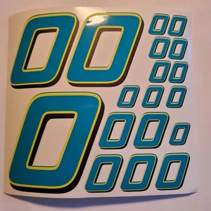 Teal w/ yellow & black #0's Racing Numbers Vinyl Decal Sheet 1/10-1/12 r/c car - Picture 1 of 11