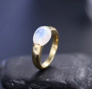 Natural Oval Moonstone Gem 8x10mm Solitaire Ring 925 Sterling Silver YG sz 5-10 - Picture 1 of 8