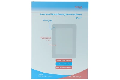 AREZA MEDICAL Island Wound Dressing (Bordered Gauze) 8" x 6" Sterile (30 Per Box)