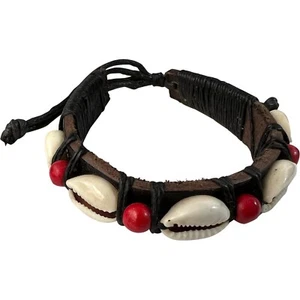 Black Leather Shell Wood Bead Bracelet Wristband Bangle Mens Womens Jewellery - Picture 1 of 2