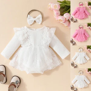 Baby Girls Solid Cute/Romantic Pullover Long Sleeve Jumpsuit Romper Headband Set - Picture 1 of 15