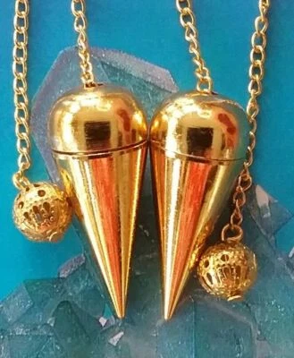 SOLID BRASS GOLD PLATE WITNESS CHAMBER DOWSING PENDULUMS WITH STORAGE POUCHES - Image 1 of 3