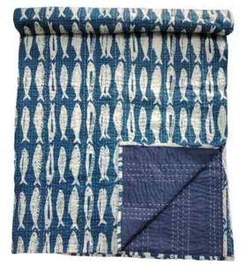 Ethnic Vintage Blue Kantha Quilt King Size Cotton Bedcover Handmade Bedspread - Picture 1 of 5