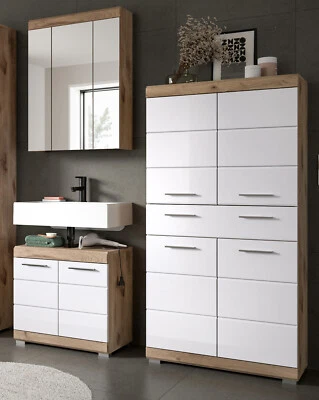 Badmöbel Set weiß Hochglanz Eiche Badezimmer Schrank-Set 3-teilig 150 cm Willow - Bild 1 von 4