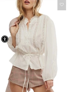 Blusa Free People Talla S Best of Me Manga Larga Blanca Victoriana Encaje Peplum Corbata - Imagen 1 de 18