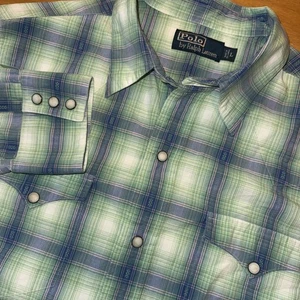 Camisa Polo Ralph Lauren Grande Western Perla A Presión A Cuadros Verde Suroeste De Colección - Imagen 1 de 7