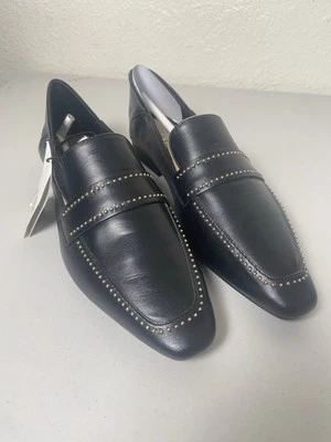 Zara Women's Soft Leather Black Loafers Gold Micro-Studs Size 39 EU, 8.5 US New - Image 1 of 4