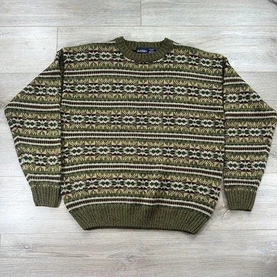 Suéter vintage puritano médio Fair Isle verde oliva listrado geométrico gola redonda - Imagem 1 de 4
