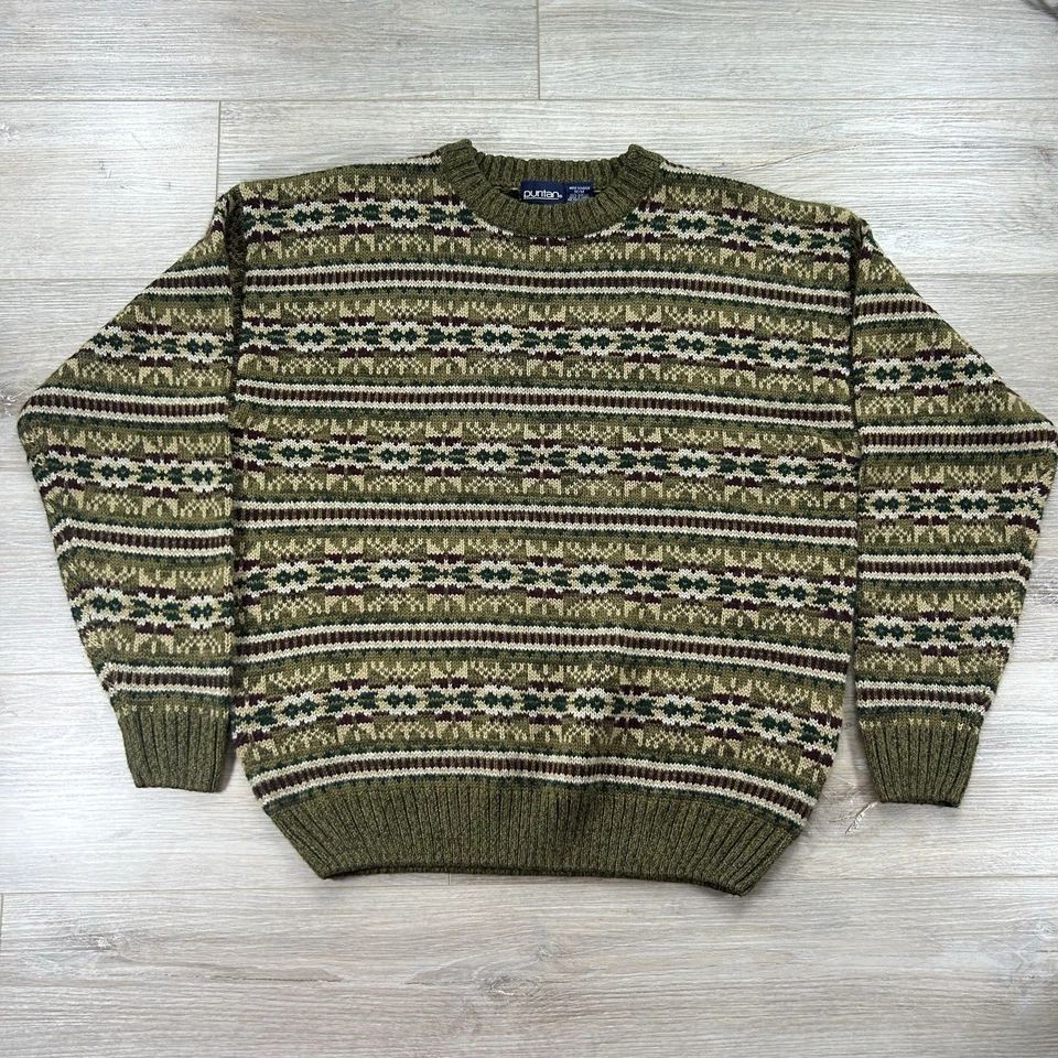 Vintage Puritan Medium Fair Isle Sweater Olive Green Geometric Striped Crew Neck - Image 1 of 4