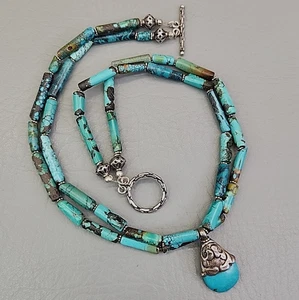Collar de cuentas turquesa piedra azul tubo en capas cuentas colgante gota 18" - Imagen 1 de 20