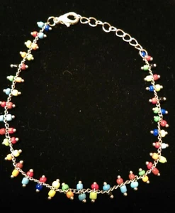 Silver Tone Chain Seed Bead Thin Colorful Single Line Bracelet Lobster Clasp - Picture 1 of 6