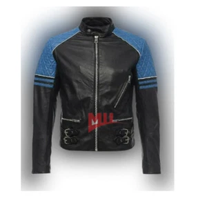 Handmade Men's Black With Blue Shoulder Genuine Lambskin Pure Leather Jacket - Picture 1 of 4