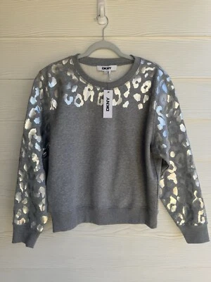 NWT DKNY SWEATSHIRT Women Grey Animal Print Fleece Silver Dots Size Medium - Image 1 of 4
