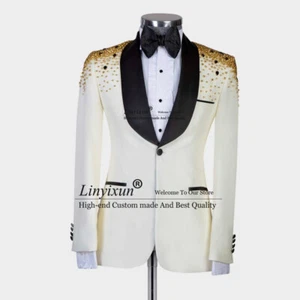 Luxurious Tuxedo Hand Embroidered Jewelry Male Men Suits Wedding Party Outfit - Picture 1 of 7