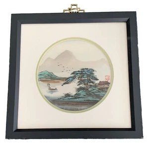 Quadro acquerello firmato Anton Wang seta paesaggio marino asiatico montagne incorniciato - Foto 1 di 18