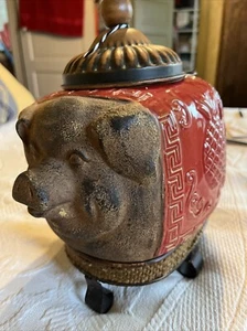 Metal Pig w/Ceramic Asian Scroll Pineapple Design Footed Jar Bank , Art Deco  - Picture 1 of 10