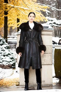 Anne Inferno Women's Sheepskin Shearling Coat with Fox Trim - Picture 1 of 3