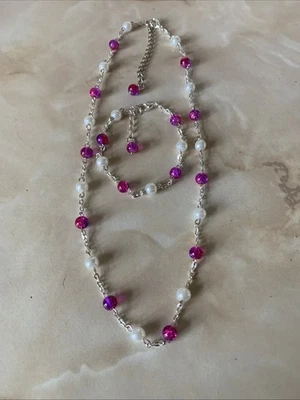Brand New white pearl & pink / purple crackle necklace & bracelet Set - Image 1 of 4